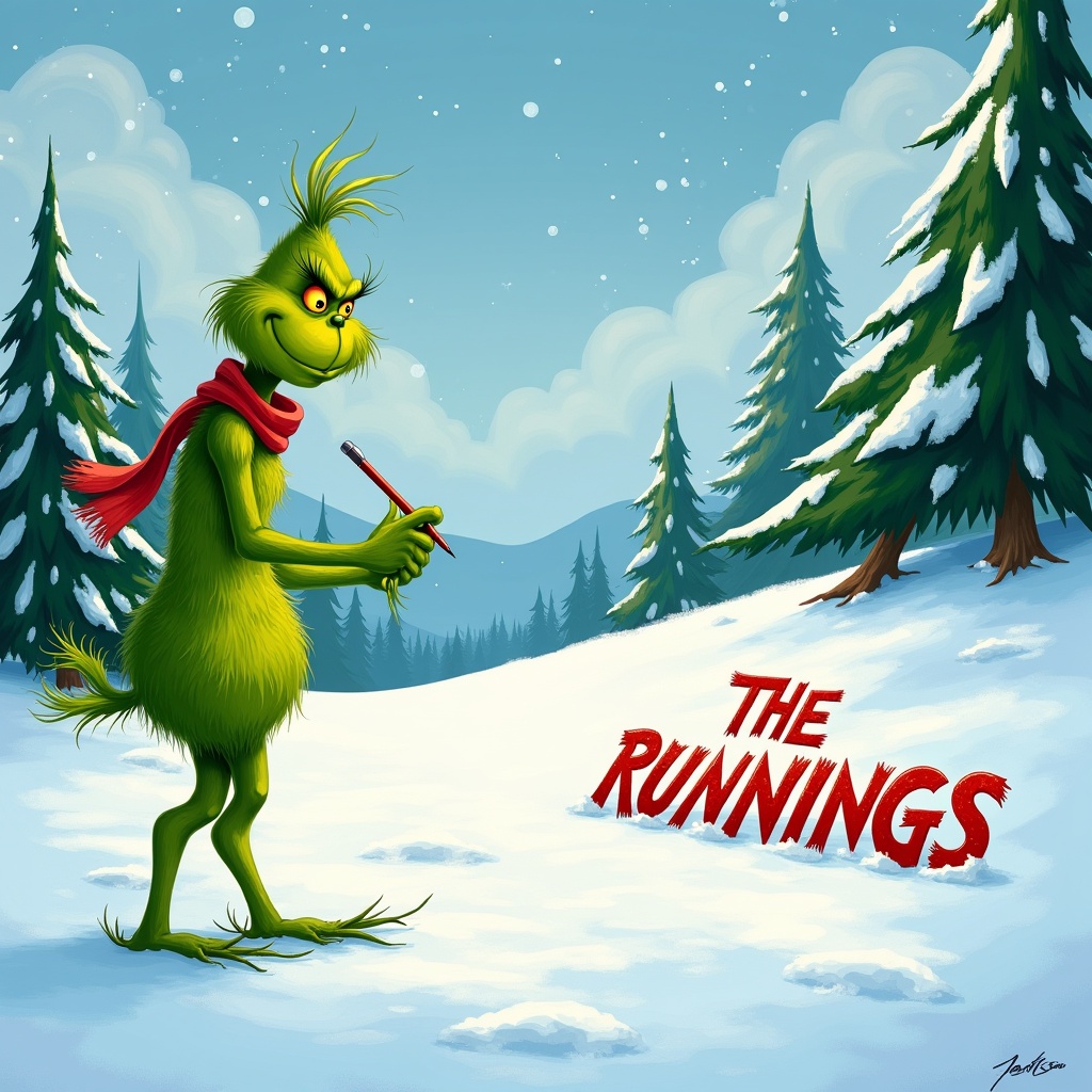 The Grinch is writing The Runnings in the snow. The scene shows snow-covered hills and evergreen trees. The Grinch is green with a red scarf.