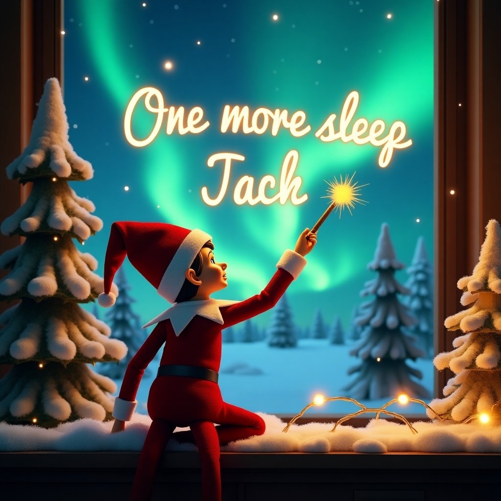 This enchanting Christmas scene showcases a playful elf on the shelf, dressed in classic red and white attire. The elf is positioned with its back to the viewer, looking up at the night sky. It wields a magic wand, creating the glowing words 'One more sleep Jack' in bright, whimsical script above. The background features stunning northern lights, casting a colorful glow over the snowy landscape. Surrounding the elf are snow-covered trees adorned with twinkling lights, enhancing the festive atmosphere and evoking a sense of wonder.