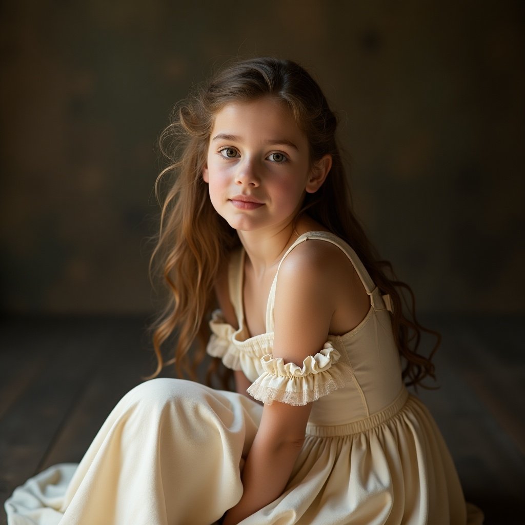 Girl sitting in profile wearing a beige dress from the 19th century.