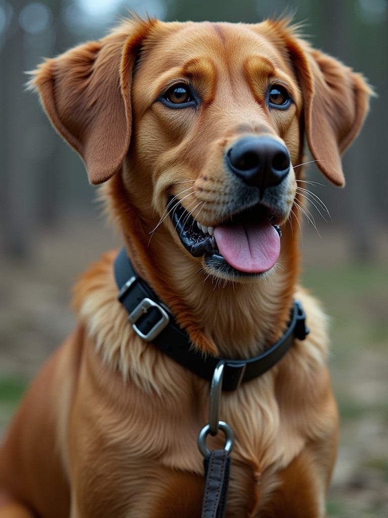 A golden retriever dog sitting calmly. The dog has a shiny coat and is wearing a black collar. The background consists of blurred trees and greenery. The dog's expression is friendly and playful.