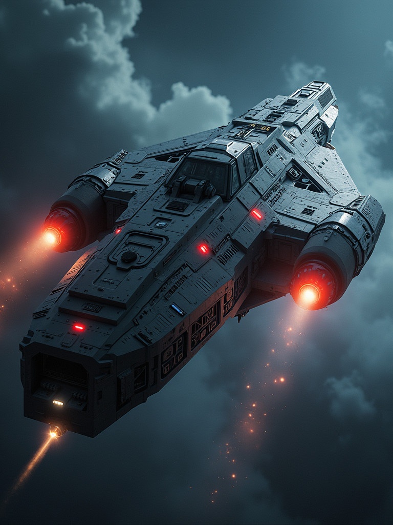 Spacecraft flying through a dramatic cloudy atmosphere. Advanced design featuring rear thrusters glowing brightly.