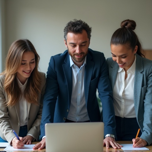 A boss stands with three assistants writing in front of a laptop. A professional office environment with four individuals engaged in discussion and writing.