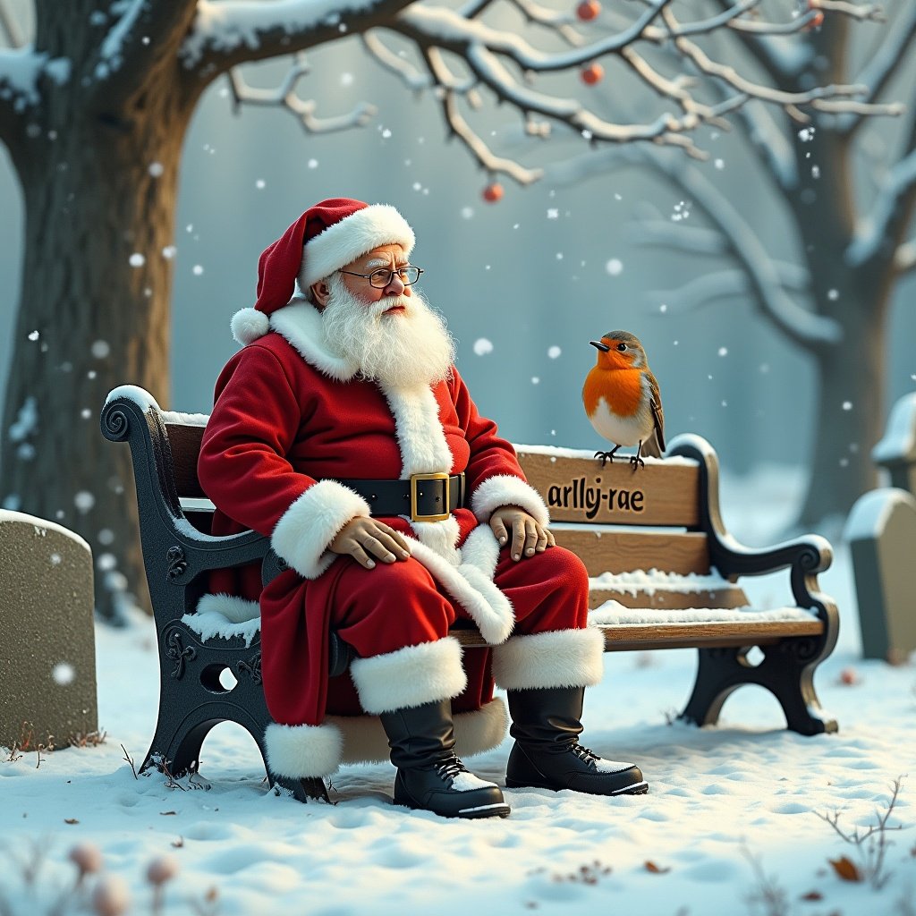 Father Christmas is seated on a bench in a snowy cemetery. A red breasted robin is perched on the bench beside him. The name 'arley-rae' is engraved on the bench. A serene winter scene surrounds them.