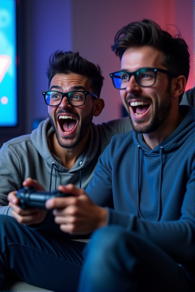 Two excited individuals with glasses enthusiastically playing video games, illuminated by a colorful screen.