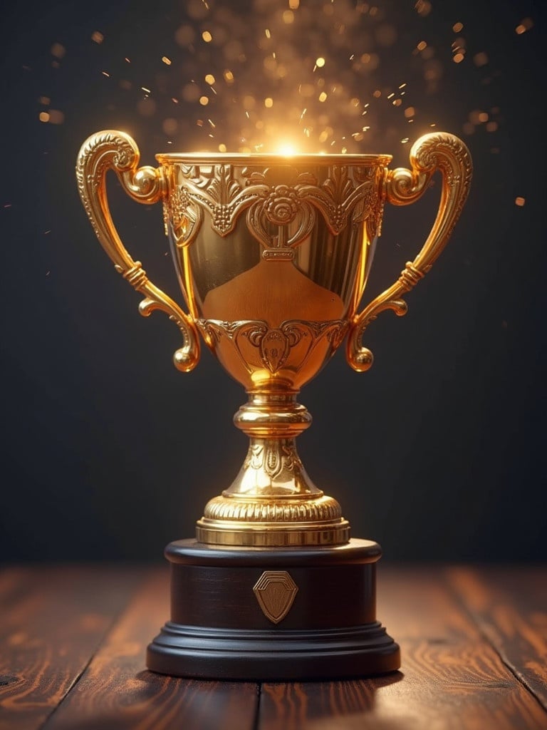 Generate a champion cup for a coding competition. The cup should not be very big. The design should be attractive with a shining effect and a wooden base.