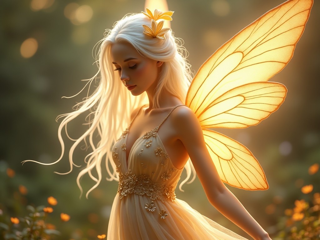 This image features a beautiful fairy standing gracefully in an ethereal setting. She has glowing wings that shimmer with a golden light, creating a magical atmosphere. Her flowing white hair is adorned with delicate golden lily flowers. The fairy’s dress is made of a delicate fabric with intricate floral patterns, softly draping around her figure. Her presence evokes a sense of enchantment and wonder. The background is softly blurred, enhancing the dreamlike quality of the scene.