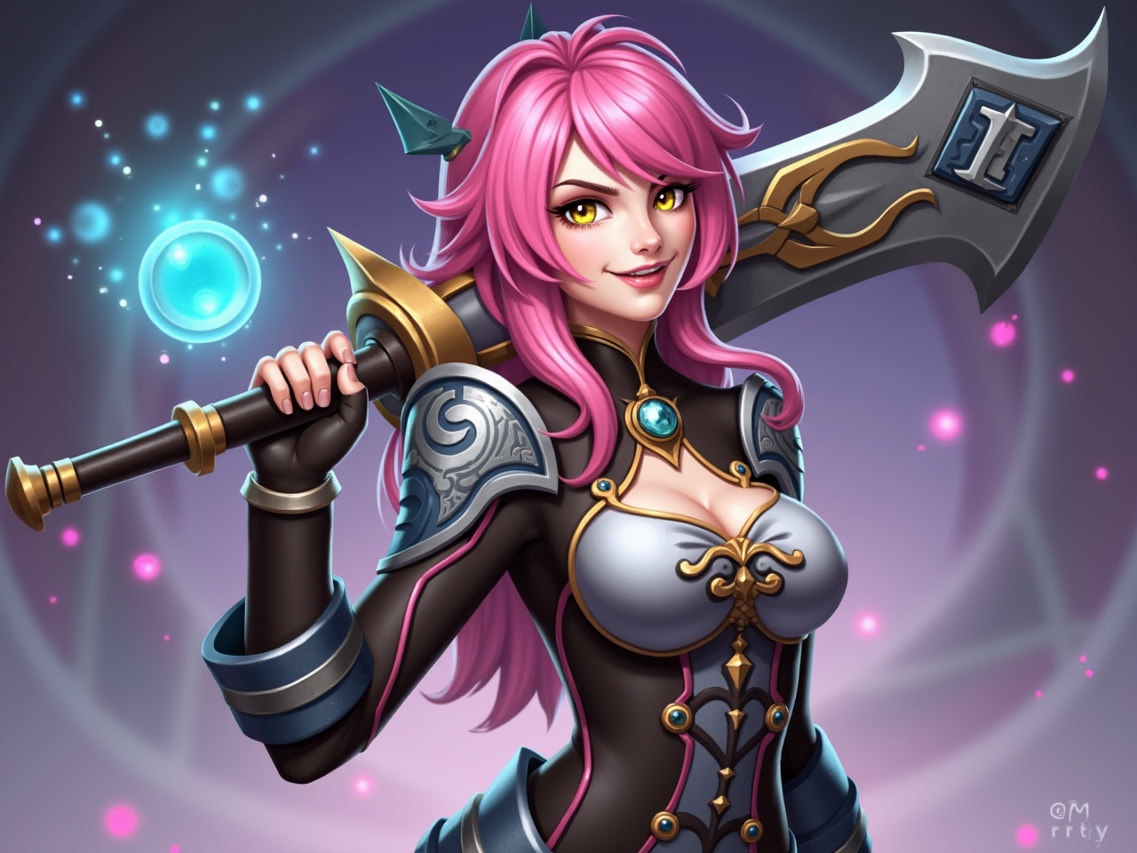 A character with vibrant pink hair and striking yellow eyes is portrayed in a fantastical digital artwork. The character is dressed in a stylish, armored outfit decorated with intricate designs. They wield a unique weapon with a glowing blue and gold motif, indicating a sense of power and magic. Their expression is turned to a confident smirk, showcasing their bold personality. The background features a blend of mystical colors, adding to the ethereal atmosphere of the scene.