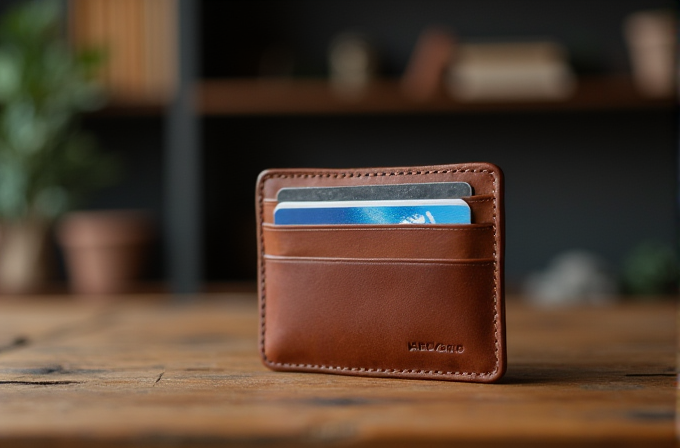 A brown leather wallet holding several cards sits on a wooden table with a blurred background.