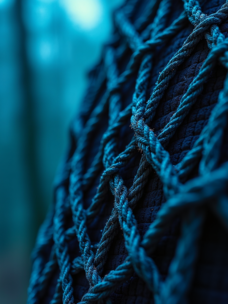 A detailed close-up of a blue rope netting pattern intricately woven over a dark textured background.