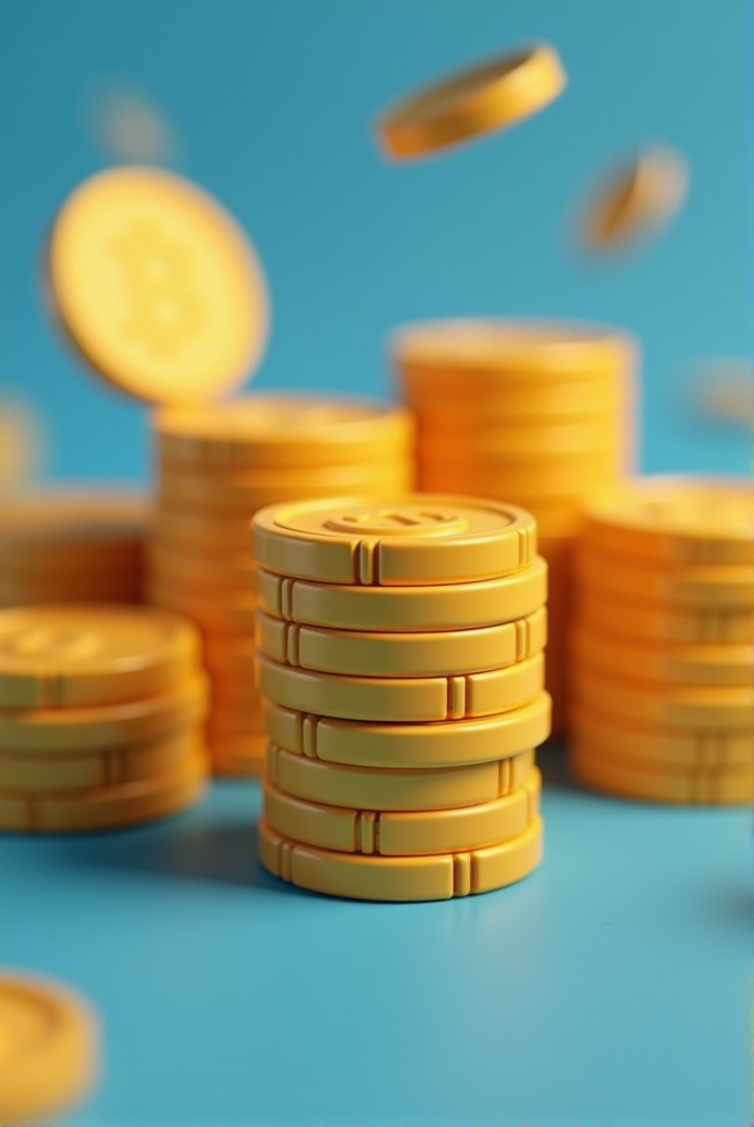 Stacks of golden coins with a cryptocurrency symbol, set against a blue background.