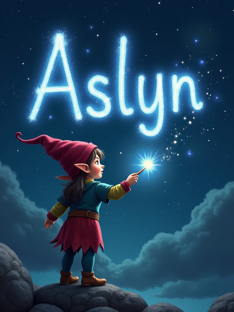 An elf uses a magical wand to write the name Aslyn in sparkling letters against a starry night sky. Dark clouds enhance the luminous text. The elf wears colorful clothing, adding to the whimsical atmosphere with twinkling stars in the background.