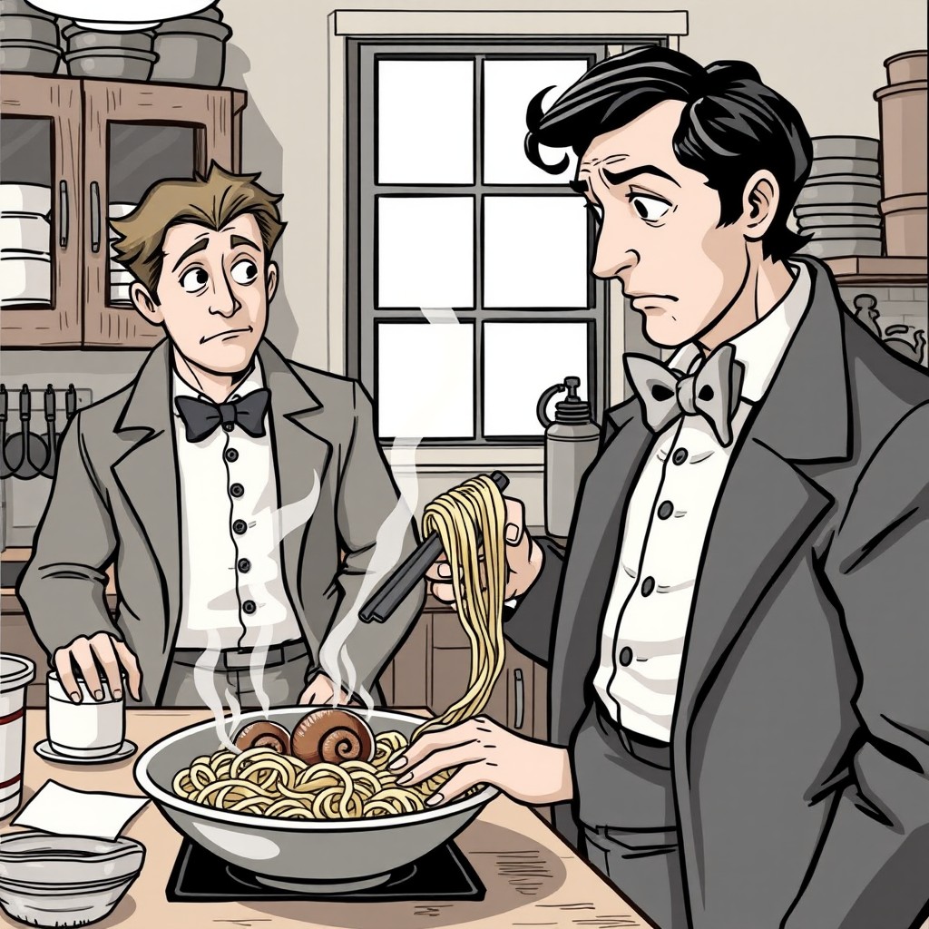 Two cartoon men in suits are perplexed as they prepare a peculiar oversized-pasta dish with a large snail.