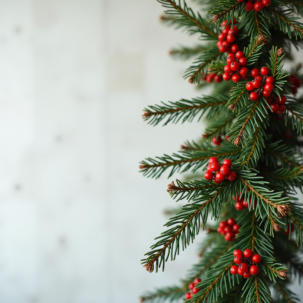 A close-up of a fir tree branch adorned with clusters of bright red berries against a soft-focus neutral background.