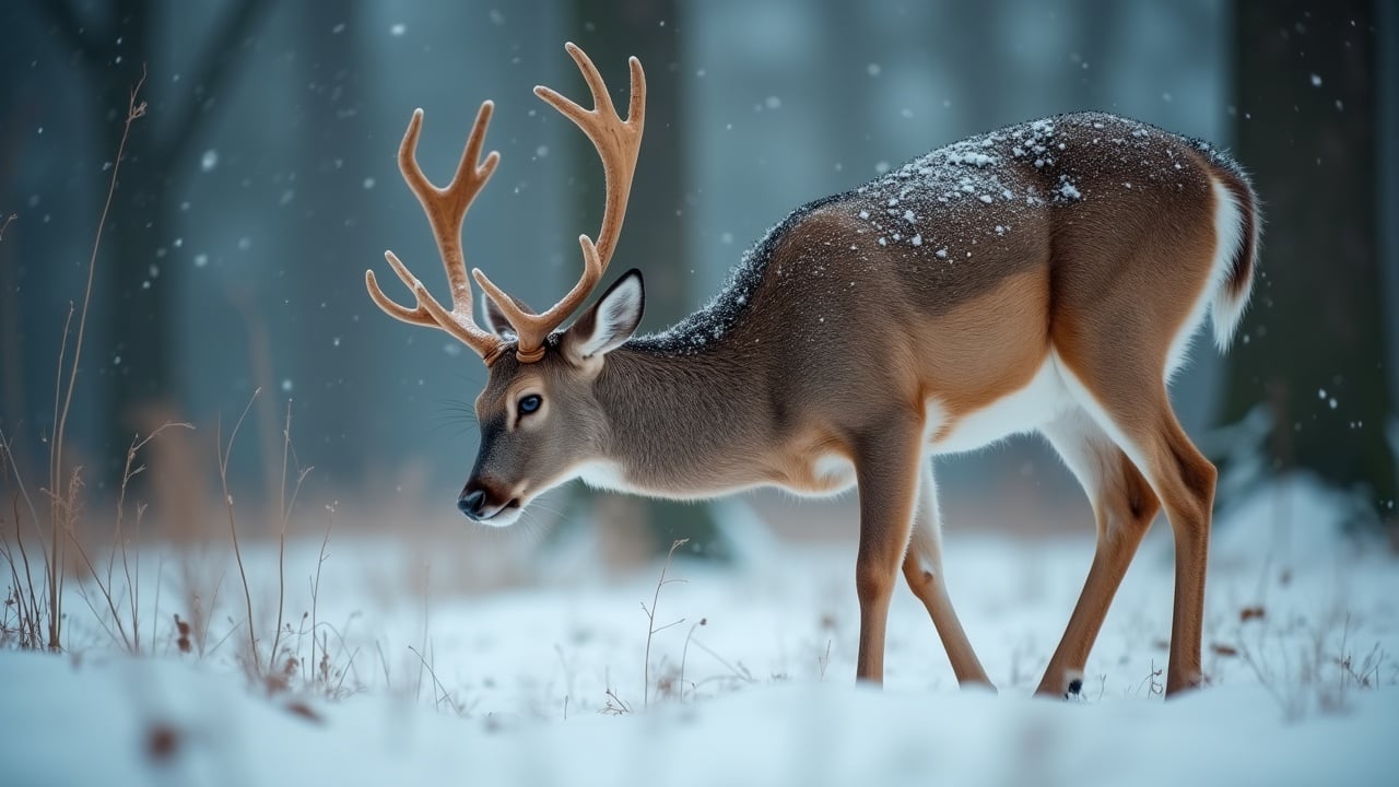 A majestic sika deer grazes quietly in a snow-covered forest. Snowflakes gently fall around it, creating a serene winter atmosphere. The deer, with its impressive antlers, looks for food amidst the peaceful, snowy landscape. The scene captures rich details and textures, with soft natural lighting enhancing the tranquil mood. This cinematic shot showcases the beauty of wildlife during winter. It's a close-up view, highlighting the deer's features in the serene snowy backdrop.