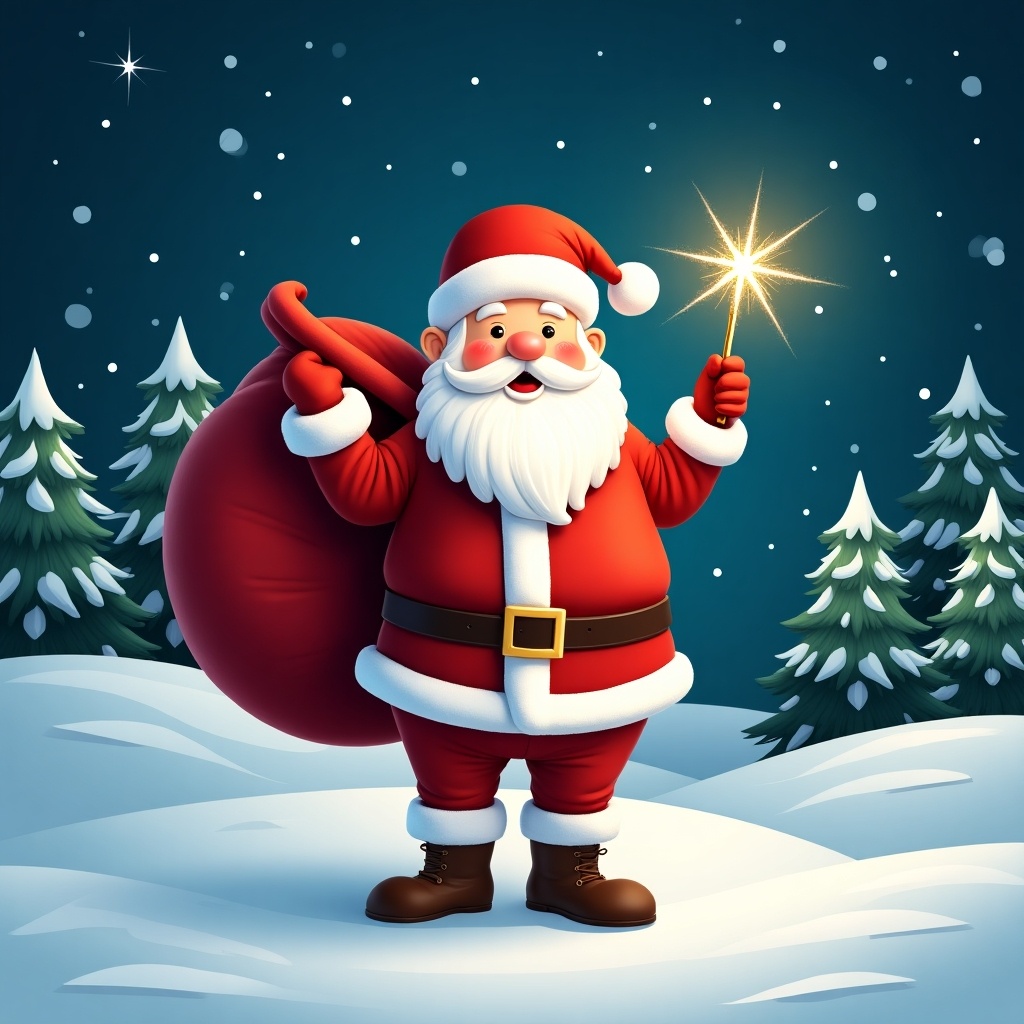 The image features a cheerful Santa Claus in a snowy landscape. He holds a large red sack over his shoulder and a sparkly wand. Dressed in his classic red and white attire, he stands amidst snow-covered pine trees. The night sky is filled with twinkling stars, creating a magical holiday feel. It captures the joyful spirit of Christmas and the essence of winter festivities.