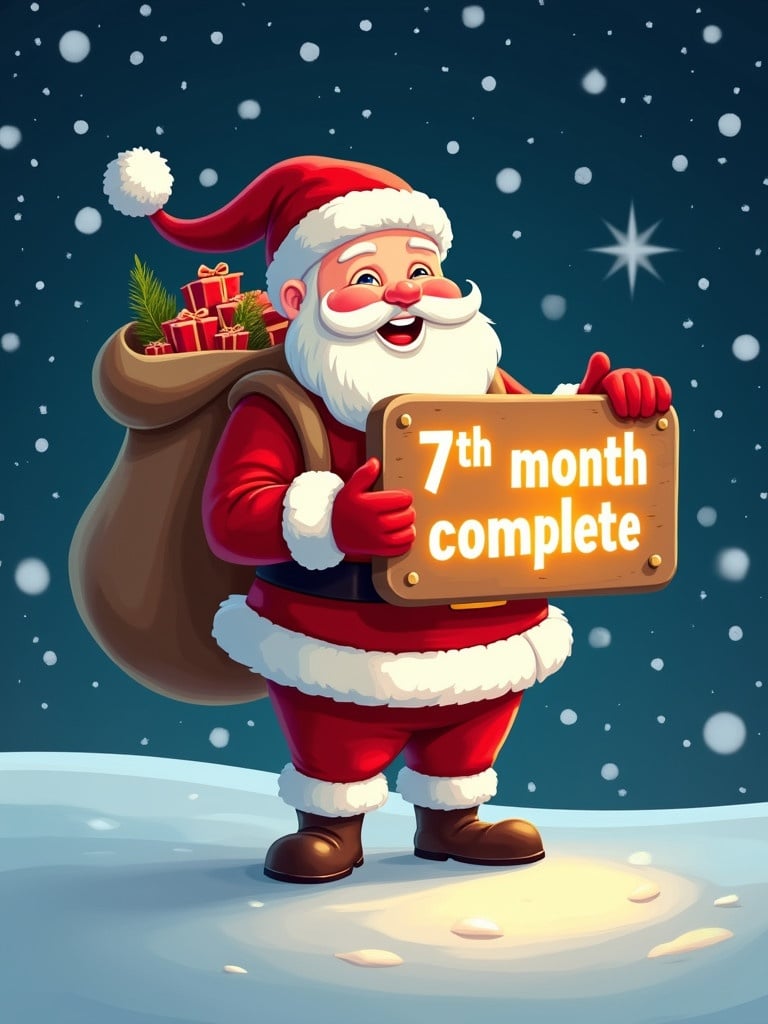 Cheerful Santa Claus stands in a snowy landscape. He holds a glowing sign that says '7th month complete'. The background is a starry night sky. Santa wears a classic red and white suit with a gift sack over his shoulder. Softly falling snowflakes create a festive atmosphere. The illustration conveys joy and whimsy of the holiday season.