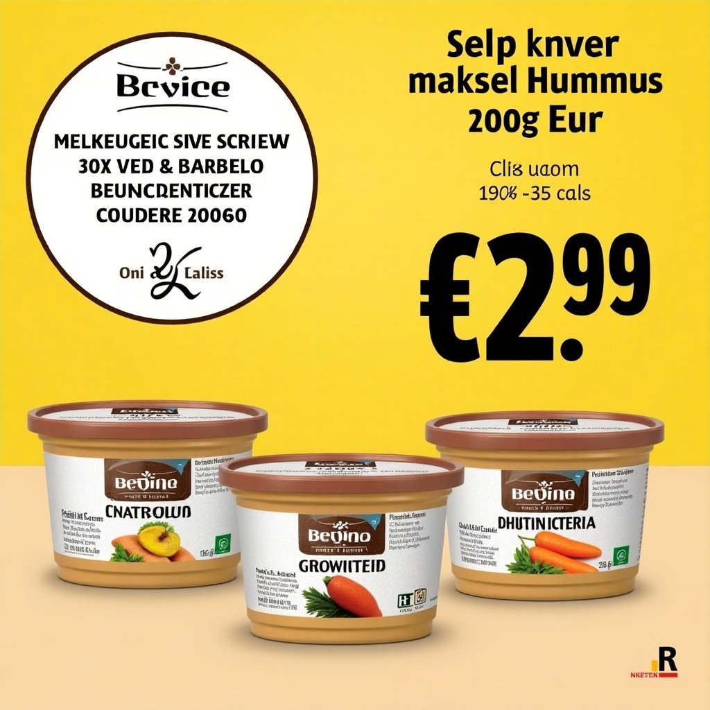 Nutritious affordable brown chickpea spread. Hummus at a low price. Three flavors are available for just €2.99. Classic, Olive Oil-Garlic, Paprika-Carrot. Available in 200g packs.