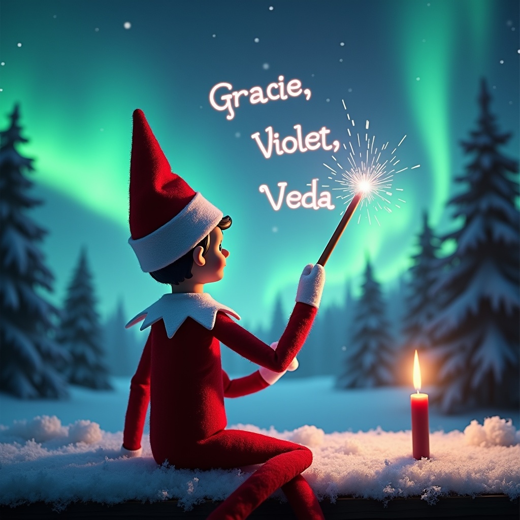 This image depicts an enchanting Christmas scene featuring an elf on the shelf. The elf is dressed in traditional red and white attire. He is facing the sky, with his back turned to the viewer, creating a sense of mystery. In his hand, he wields a magic wand, writing names like 'Gracie', 'Violet', and 'Veda' in glowing script above him. The backdrop is illuminated by vibrant northern lights, enhancing the magical ambiance of the scene.