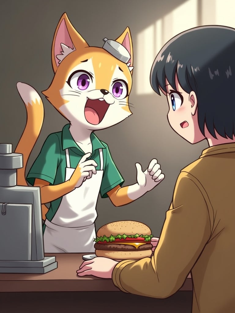 A cartoon cat dressed as a fast food worker interacts with a child at the counter. The cat smiles widely with purple eyes wearing a green uniform with an apron. The child is surprised looking at a burger just given. The background has soft shadows and a warm light coming from a window.