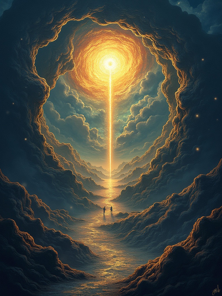 Design a Facebook group main image. Illustration captures the essence of time as a creating and consuming force. A golden beam of light symbolizes the present moment. Figures stand below, contemplating their journey. Strong mystical elements create a sense of wonder.