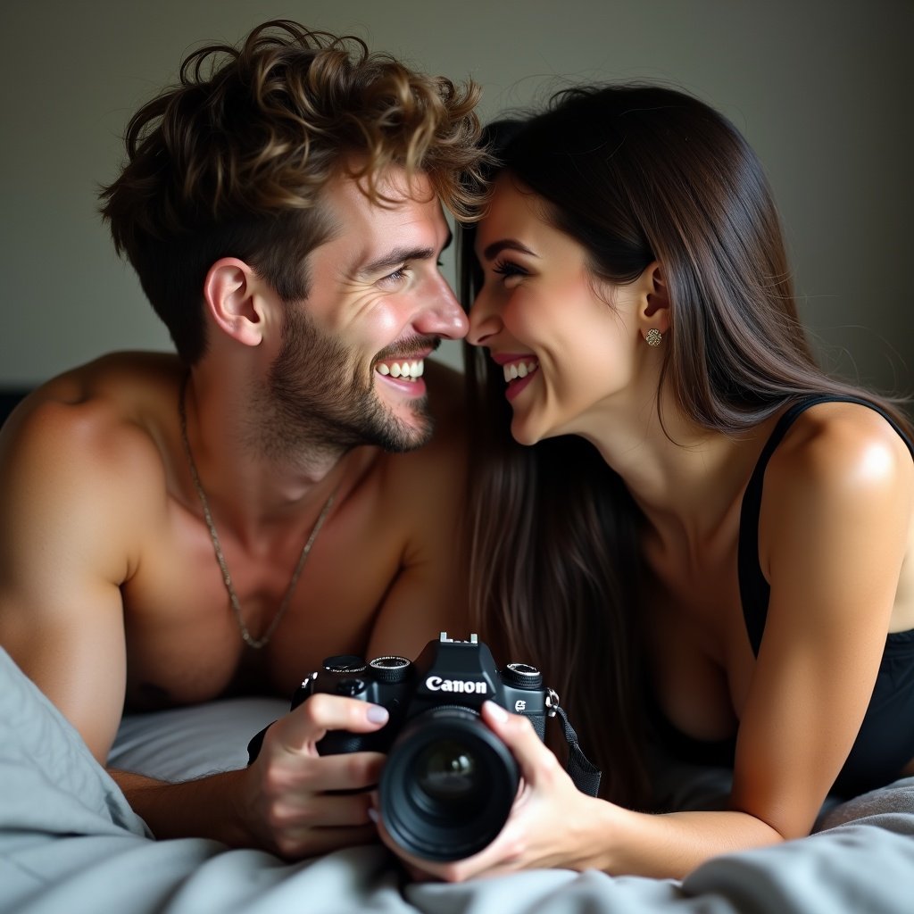 Couple lies closely on a bed while holding a camera. They smile affectionately. Joy and intimacy are showcased. Man has short messy hair and a well-defined beard. Woman has long straight hair and striking eyes. Passion is embodied.