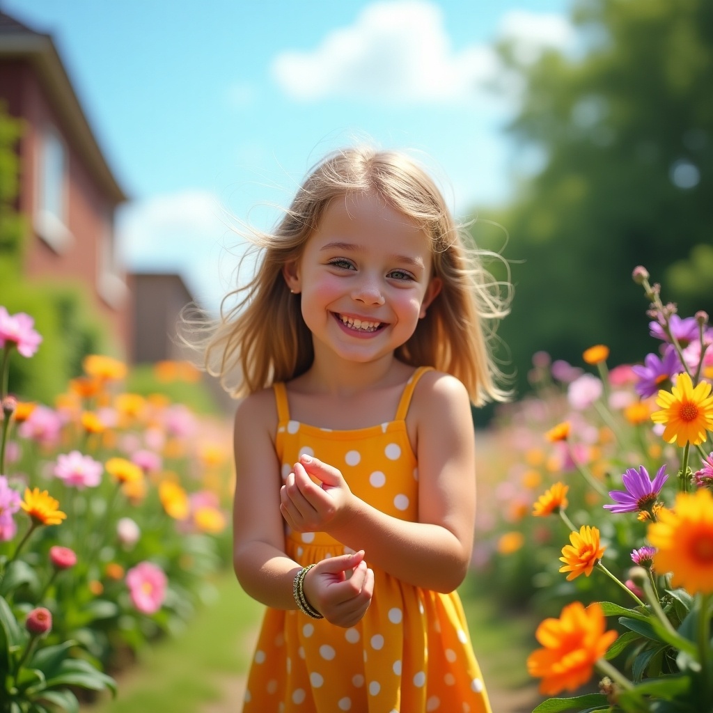 A 12-year-old girl is walking through a vibrant flower garden. She has a joyful expression, with a big smile and bright eyes. The girl is wearing a sunny yellow dress with polka dots. Flowers of various colors bloom around her, creating a beautiful backdrop. The setting appears to be in full summer, with a warm, inviting atmosphere.