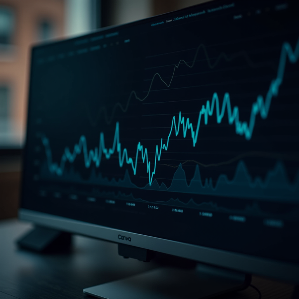 A computer monitor displaying financial data with dynamic line graphs in a dimly lit room.