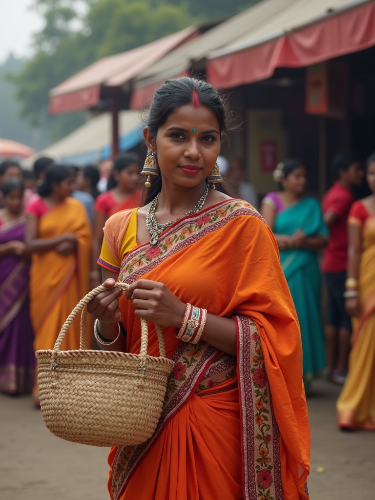 Woman wearing an orange sari holds a woven basket. Background features women in colorful saris. The setting resembles a busy marketplace. Natural light creates a warm atmosphere.