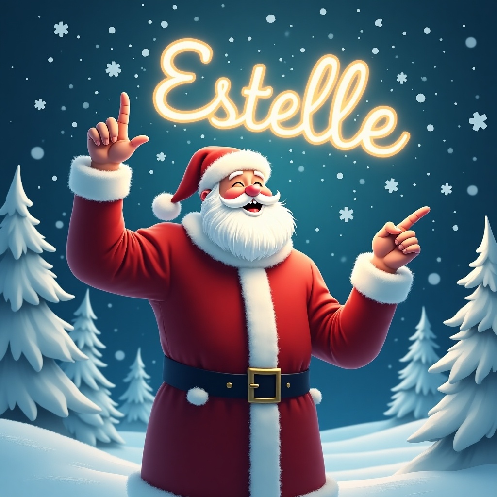 The image depicts a joyful Santa Claus standing in a winter wonderland. He is dressed in his traditional red suit with white trim and a matching hat. Santa is pointing upward as if he is magically writing a name in the sky. Snowflakes gently fall around him. In the sky, the name 'Estelle' is written in bright, glowing letters. The background features snowy trees.