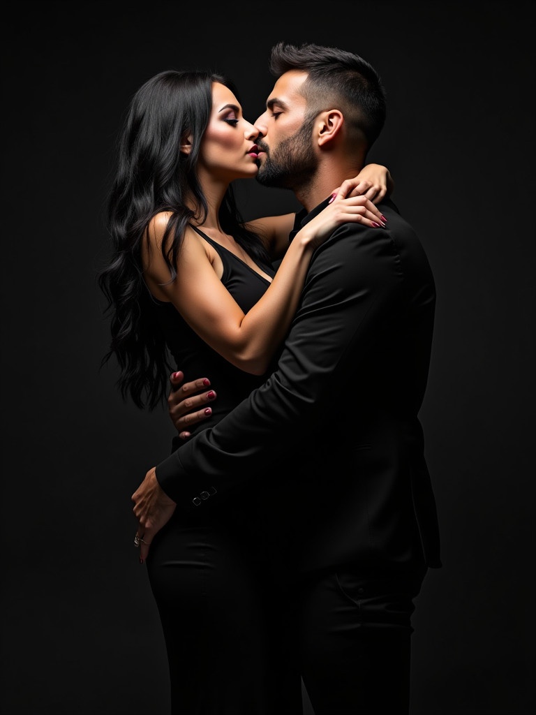 A couple embraces intimately. The woman has long dark hair dramatic makeup. The man has a rugged appearance with short hair. They wear elegant black outfits. The setting is dark to enhance their sophistication.