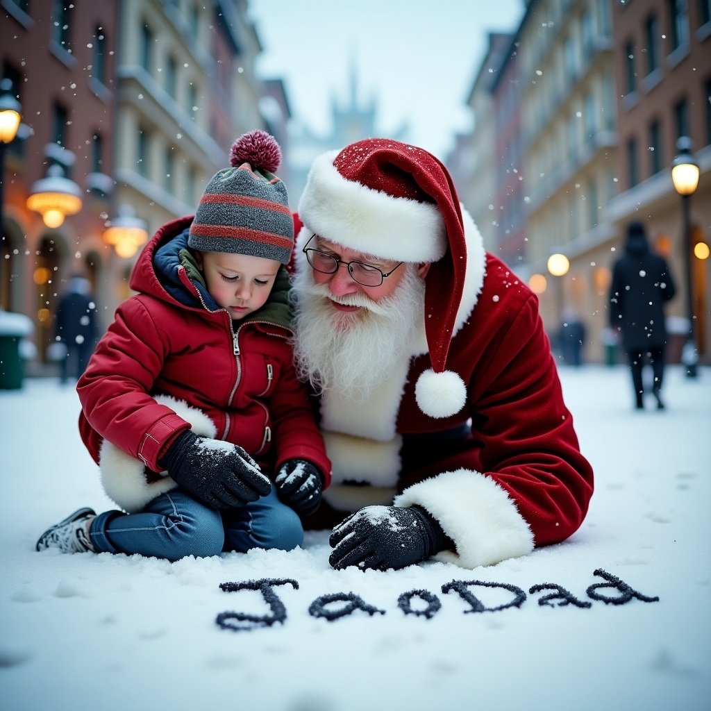 Santa Claus writing in the snow. The words Jayden and Dad. Santa wears traditional red and white outfit. Buildings create a festive atmosphere. Soft light enhances the theme.