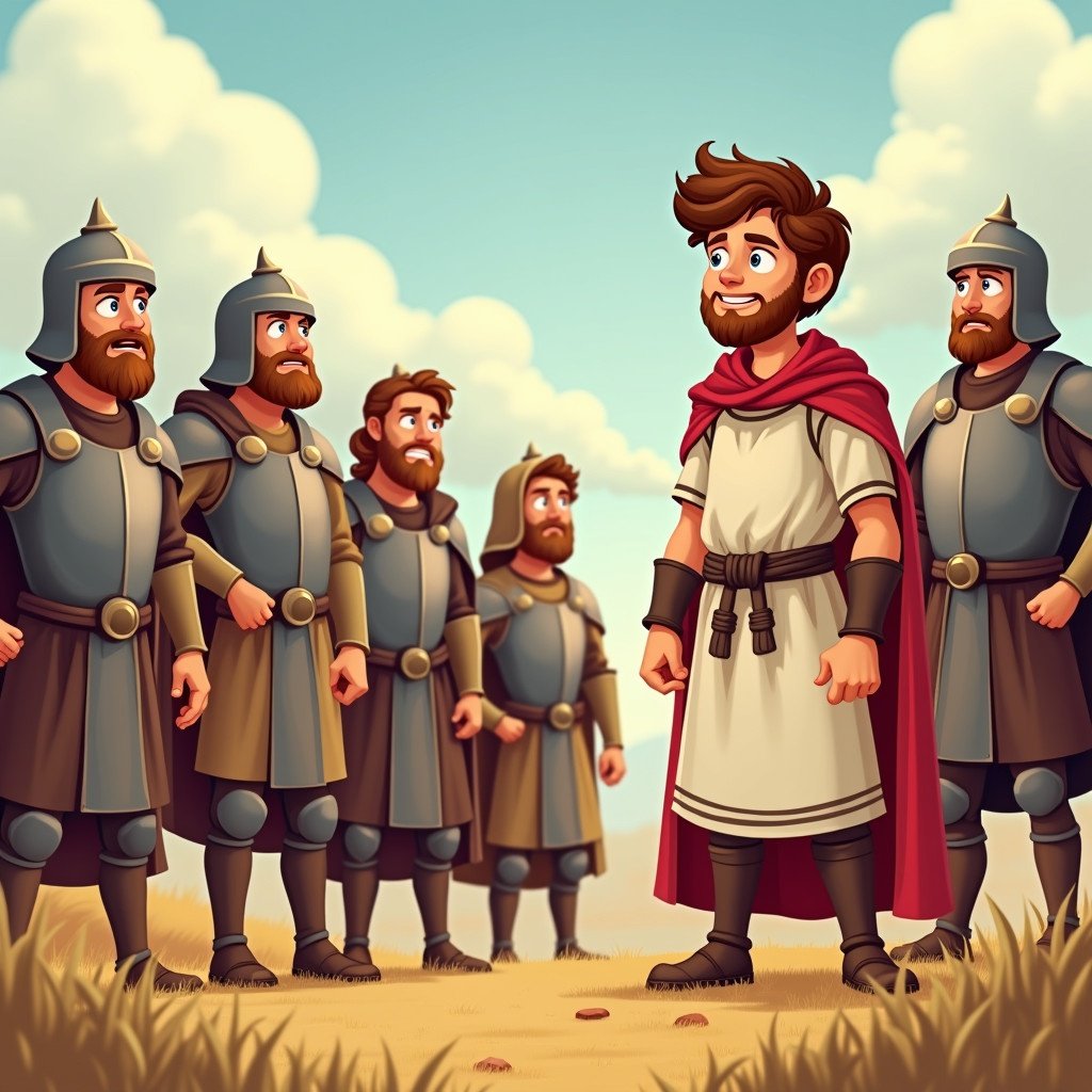 A cheerful cartoon illustration depicts David in ancient shepherd clothing standing confidently before a battlefield. David's strong and tall adult brothers, wearing biblical armor, are scolding him. The scene conveys anger and familial tension among the brothers.