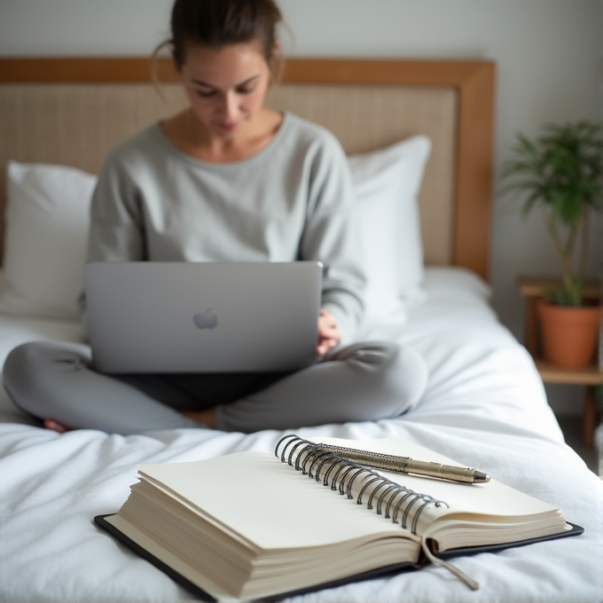 A person sits cross-legged on a bed using a laptop, with an open notebook and pen in the foreground.