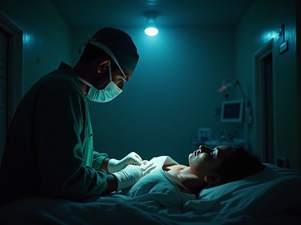 This image depicts a scene in a hospital where a surgeon is performing an operation on a patient. The dim lighting casts a blue hue, creating a dramatic atmosphere. The surgeon, wearing surgical gloves and a mask, is focused on the procedure, showcasing the urgency of medical care. The patient lies on the examination table, appearing calm yet vulnerable. The sterile environment emphasizes the seriousness of the situation. The overall mood conveys a sense of tension and concentration during the surgical process.