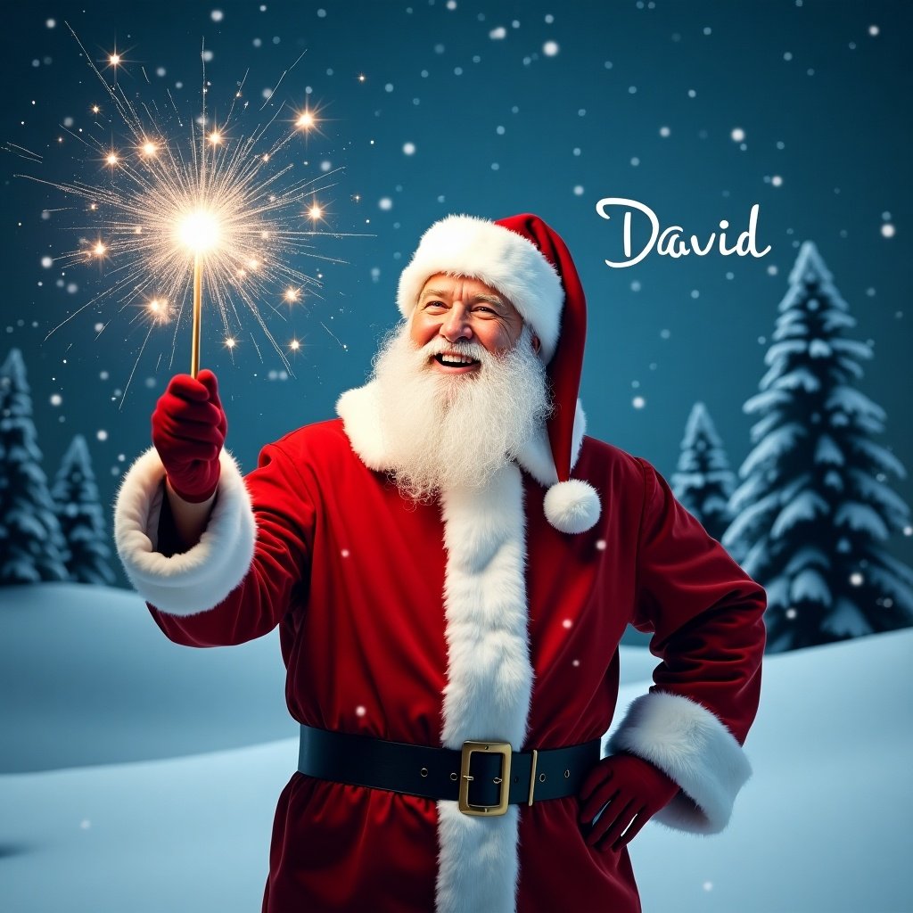 A cheerful Santa Claus stands in a snowy landscape. He holds a sparkling magical wand. Dressed in a classic red suit with white fur trim. Eyes shining with joy. Writing names in the sky. Background features evergreen trees and a star-filled night. The scene is festive and enchanting. The name David appears in the sky.