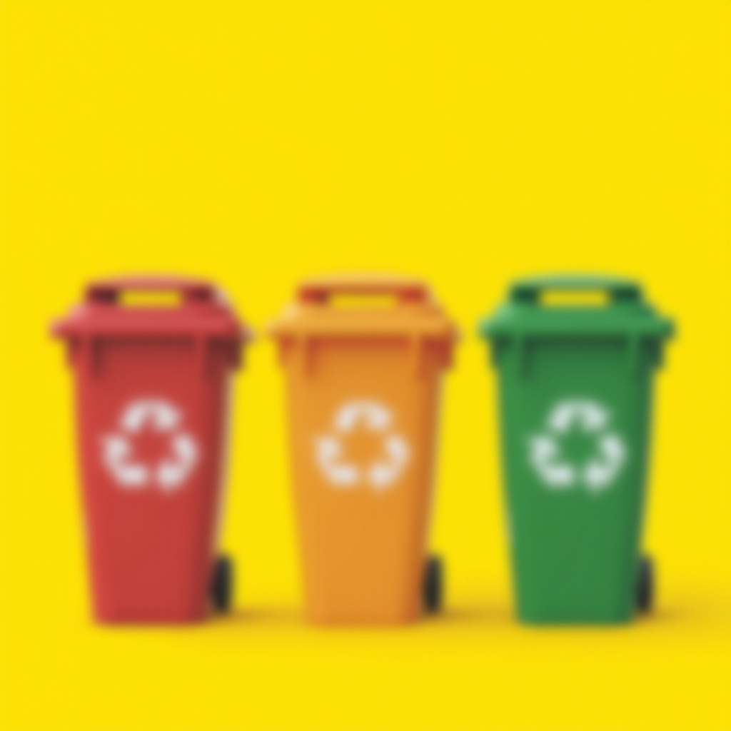 Three colored recycling bins placed side by side on a vibrant yellow background.