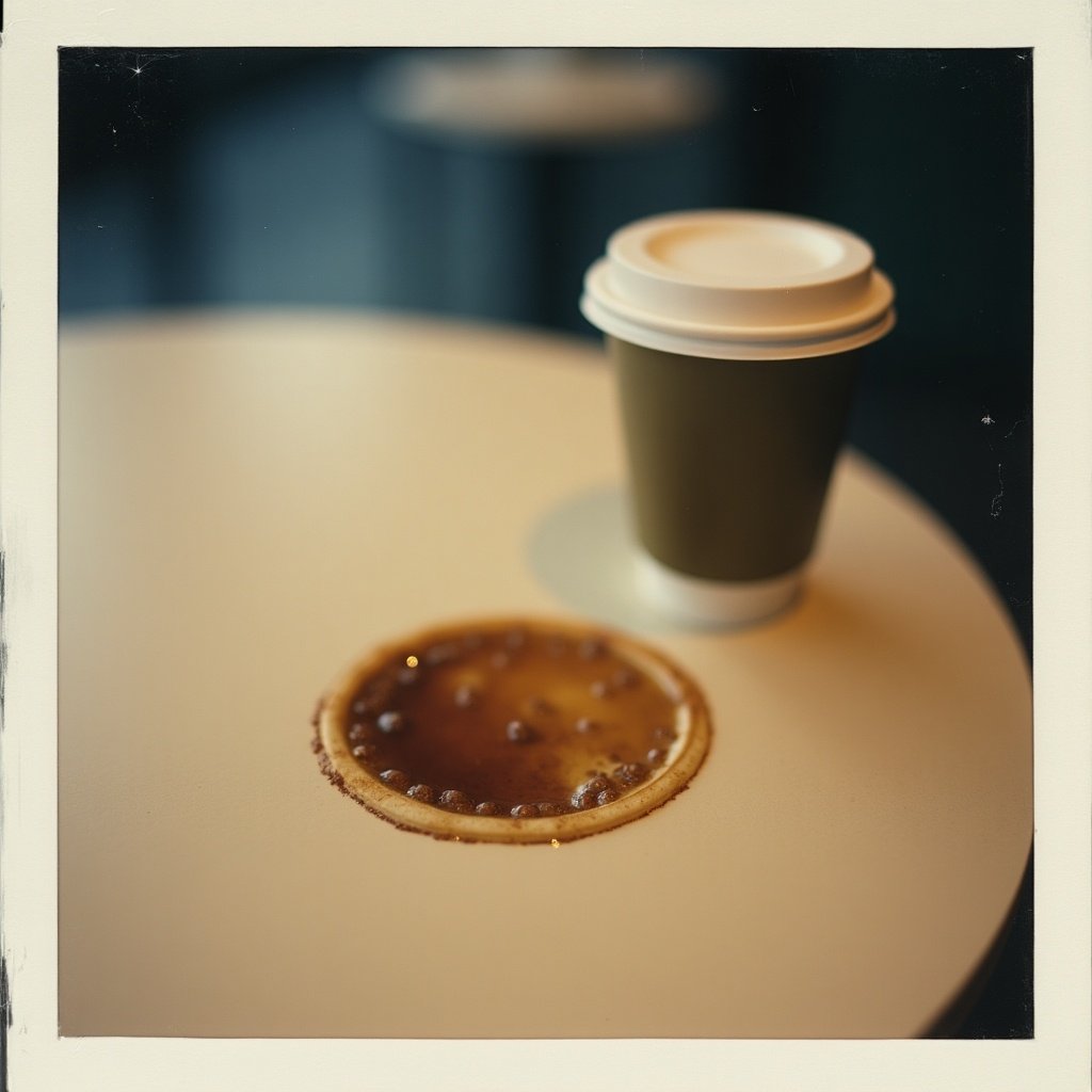 Polaroid photo showing a coffee cup mark on a table from a customer's perspective in a coffee shop. A coffee cup sits nearby. The mark is a nearly complete circle. The atmosphere is warm and inviting.