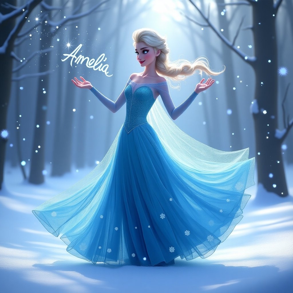 Image of a character in a blue dress in a winter scene. The character appears joyful and expressive, dancing in a snowy landscape with snowflakes around her. The name 'Amelia' is written in the sky.