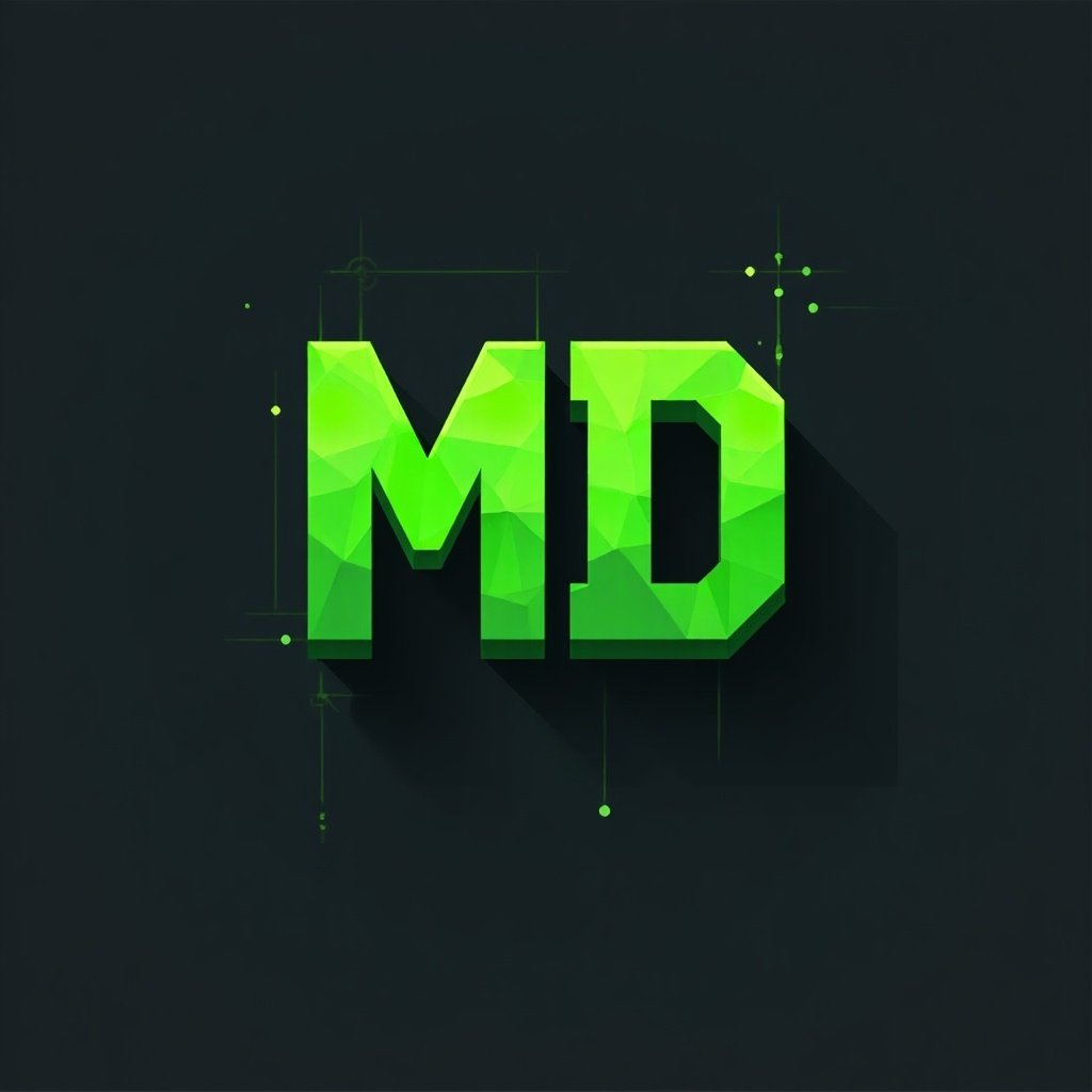 Logo design for a Minecraft server named Master Mc. Features green MD letters on a dark background. Simple and modern icon style for gaming communities.