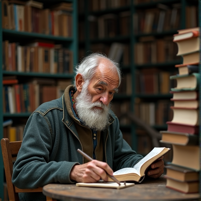 An elderly man with a white beard intently reads and takes notes in a library filled with numerous books.