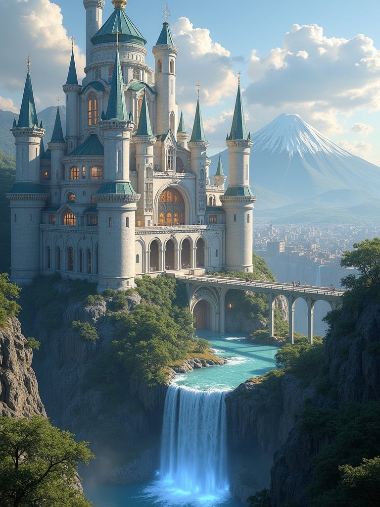 The image shows a fairytale castle at the base of a volcano. It features white stone construction with tall spires. Many rooms have glass roofs. A vibrant city with libraries and greenery surrounds it. A starlight river flows through the castle and ends in a stunning waterfall. Themes of grandeur and fantasy are present.