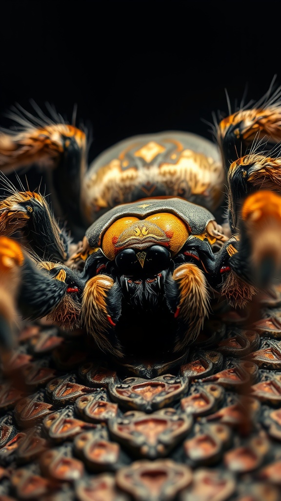 A close-up shot of a vibrantly patterned spider with intricate orange and black markings.