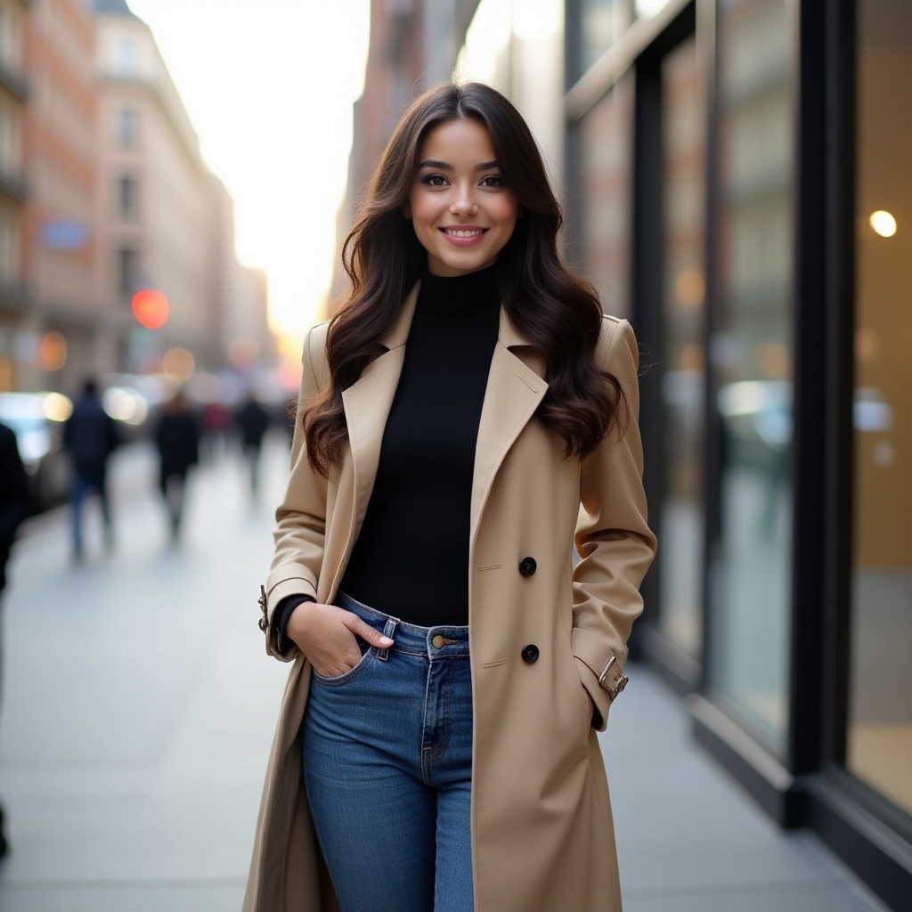 Young woman with long dark brown wavy hair in urban street. She wears beige trench coat over black turtleneck and high-waisted jeans with heeled boots. She holds designer handbag and smiles subtly. Soft sunlight reflects off glass buildings in background.