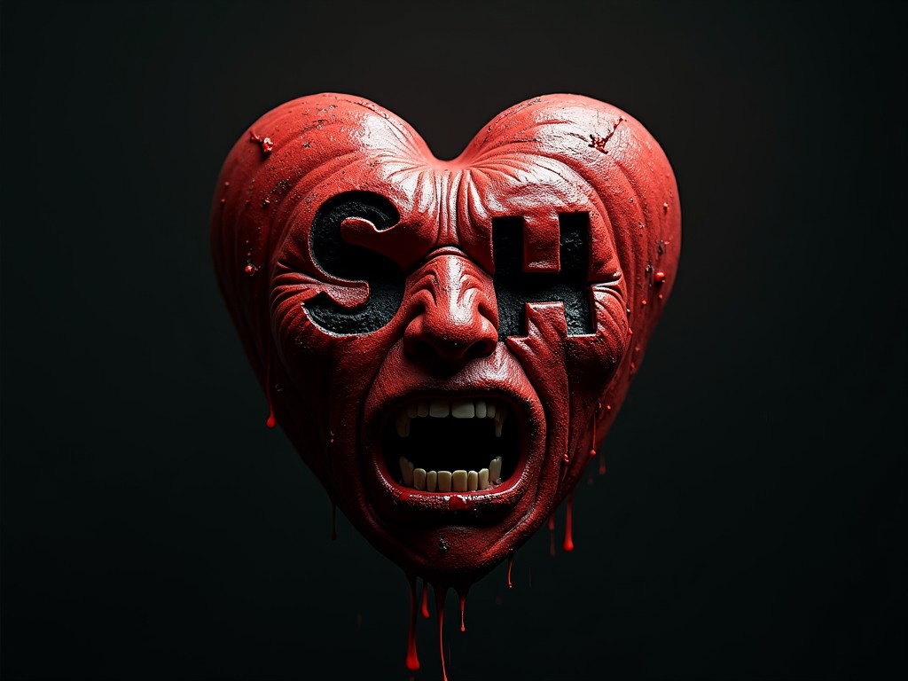 This image features a heart shaped like a human face adorned with grimacing expressions. The letters 'S' and 'H' are prominently embedded in the eye regions, contributing to the unsettling atmosphere. The dripping red and black color palette enhances the dark and dramatic mood, creating a sense of intensity and mystery.