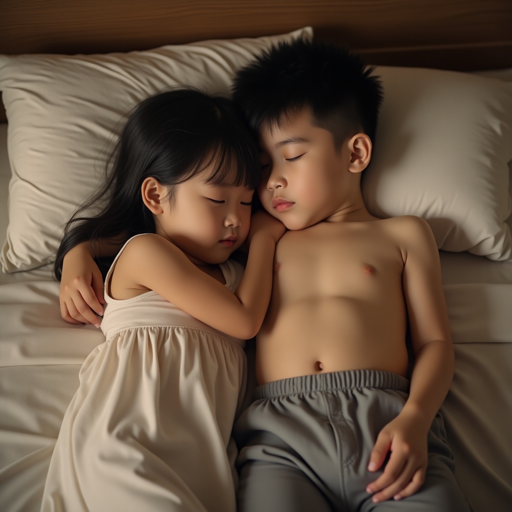 Image of two children cuddling while sleeping. A girl wears a nightdress. A boy wears pants. The scene features soft bedding and warm lighting.