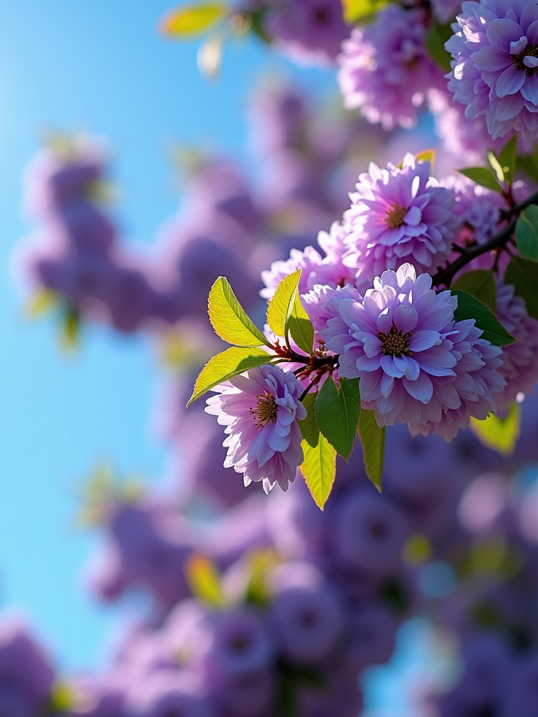 The image shows a branch of purple flowers and green leaves against a clear blue sky.