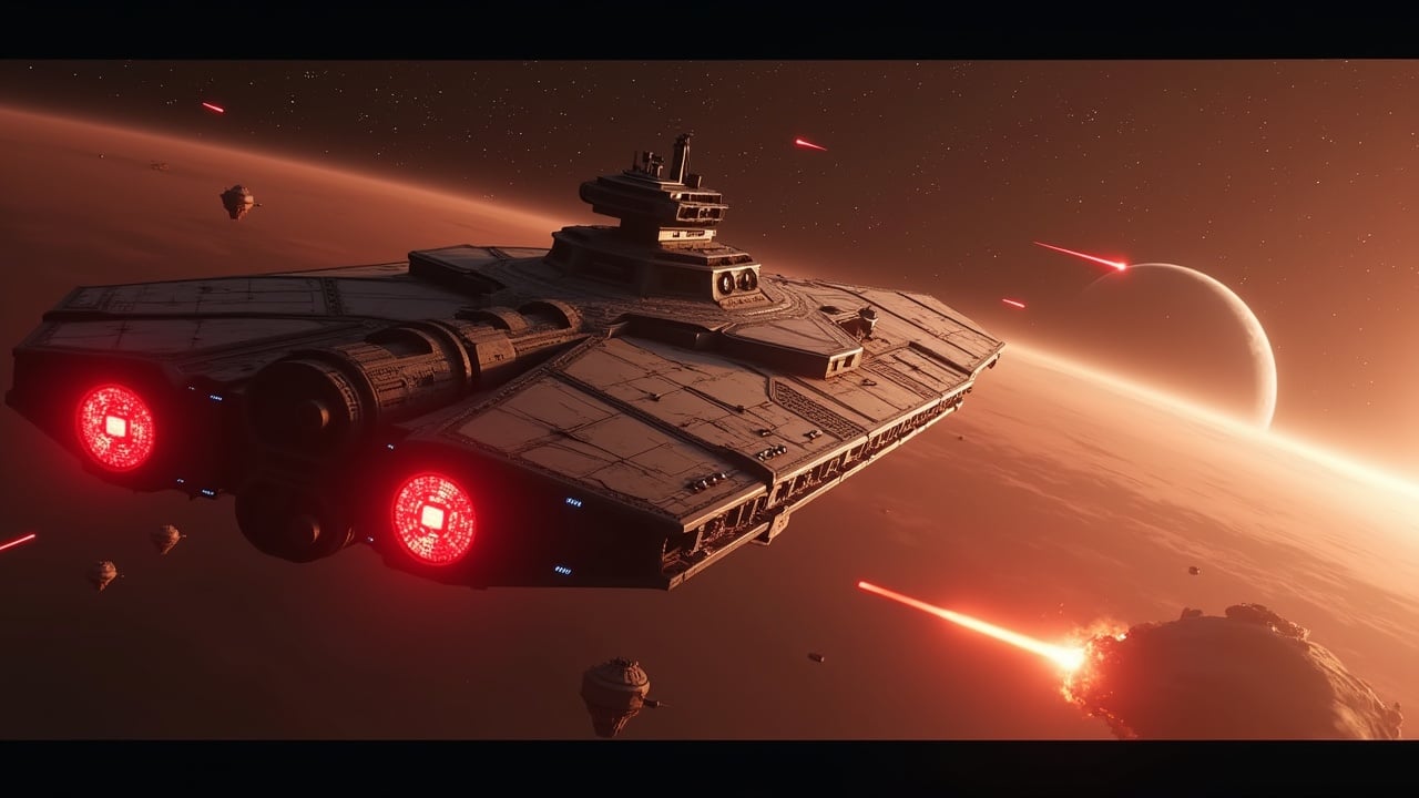 Highly detailed 8K cinematic shot shows a vast galaxy with countless stars. Massive warship with intricate designs and glowing red energy beams moves ominously. Metallic armor plates are covered with glowing red Sith symbols. A distant planet burns as the warship's lasers strike. Atmosphere has faint orange and red glow, scattered debris floats in space. Scene captured from a wide-angle perspective, emphasizing warship's enormity and endless space.