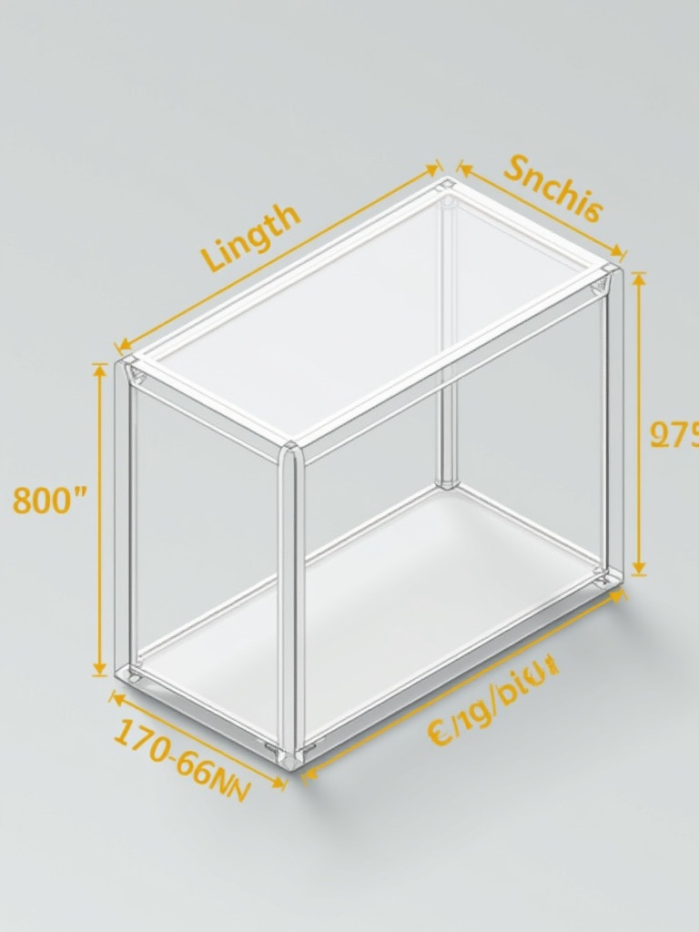 A transparent outline of a rectangular box is displayed. Dimensions are provided in inches. The design focuses on length width and height. Presented in isometric perspective for clear 3D understanding. Measurement lines and notes highlighted in yellow on gray background. Technical illustration suitable for engineering or architectural use.