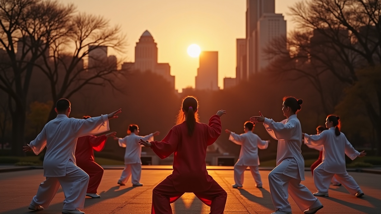 Cinematic image of Tai Chi practitioners in Central Park at sunset. Diverse group performing in unison. Features urban skyline and warm lighting. Hyper-realistic photography.