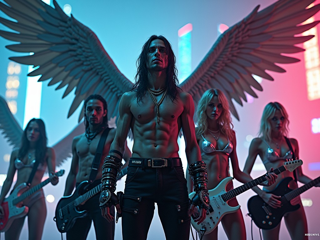 The image depicts a striking scene with a central male figure flaunting large, angelic wings and an intense expression. Surrounding him are four other rock-inspired individuals, each holding guitars decorated with metallic elements. The lighting is dramatic, casting a neon glow that enhances the ethereal and rebellious atmosphere.